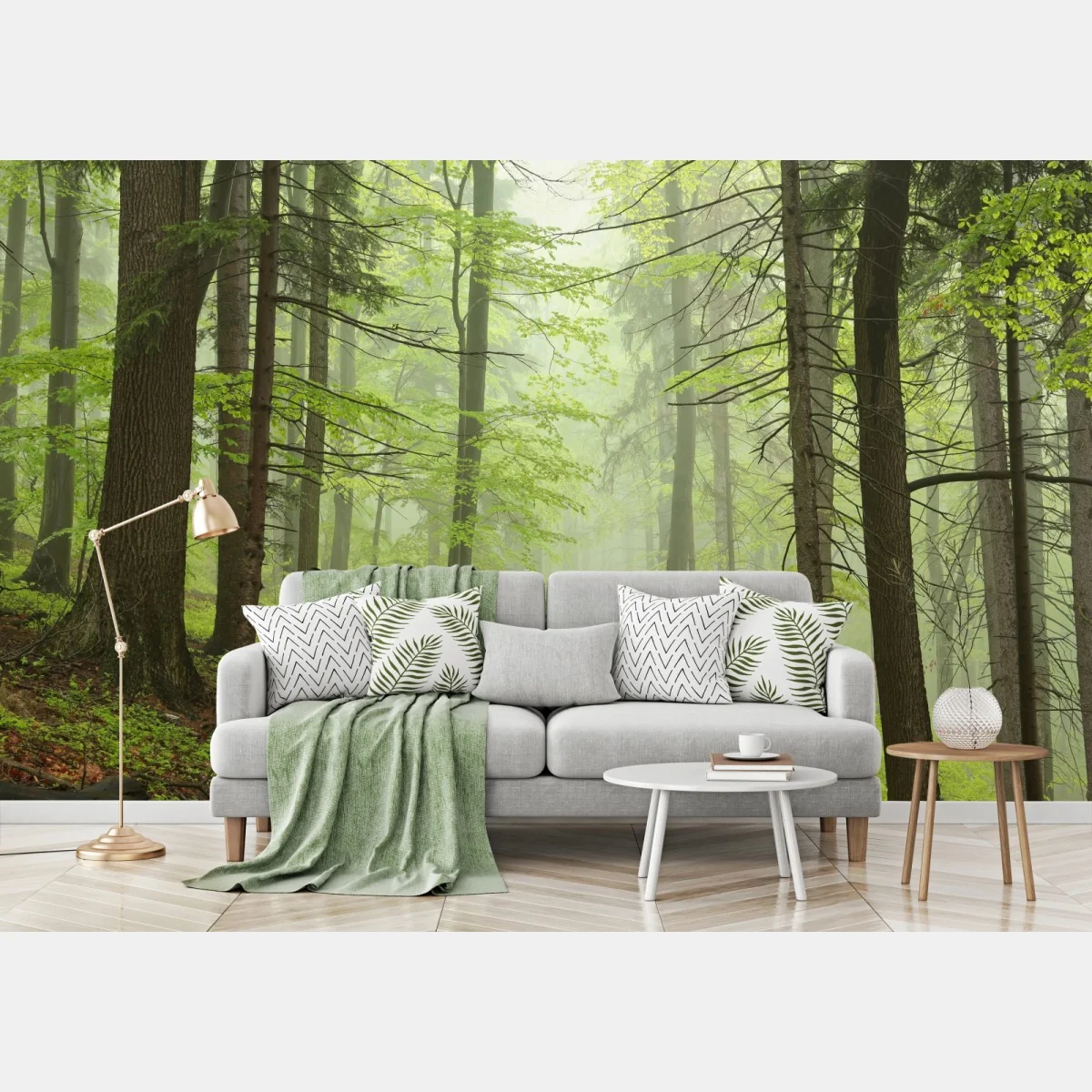 Fototapete nebliger grüner waldpfad – Wallnifity®