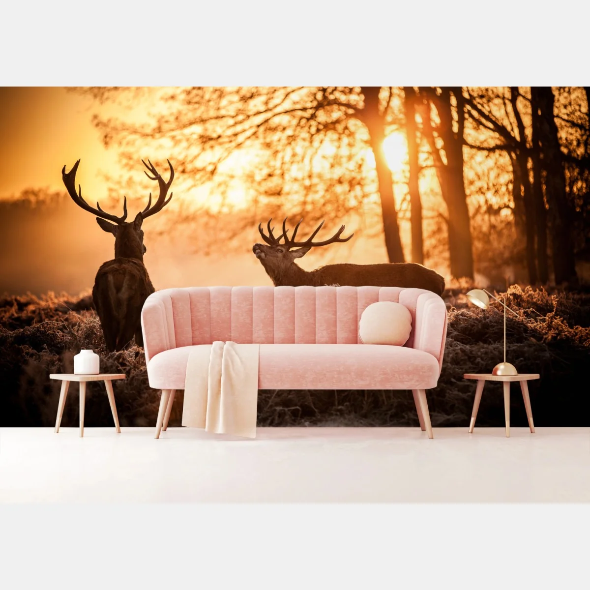 Fototapete goldener sonnenaufgang mit hirschen auf frostiger wiese – Wallnifity®