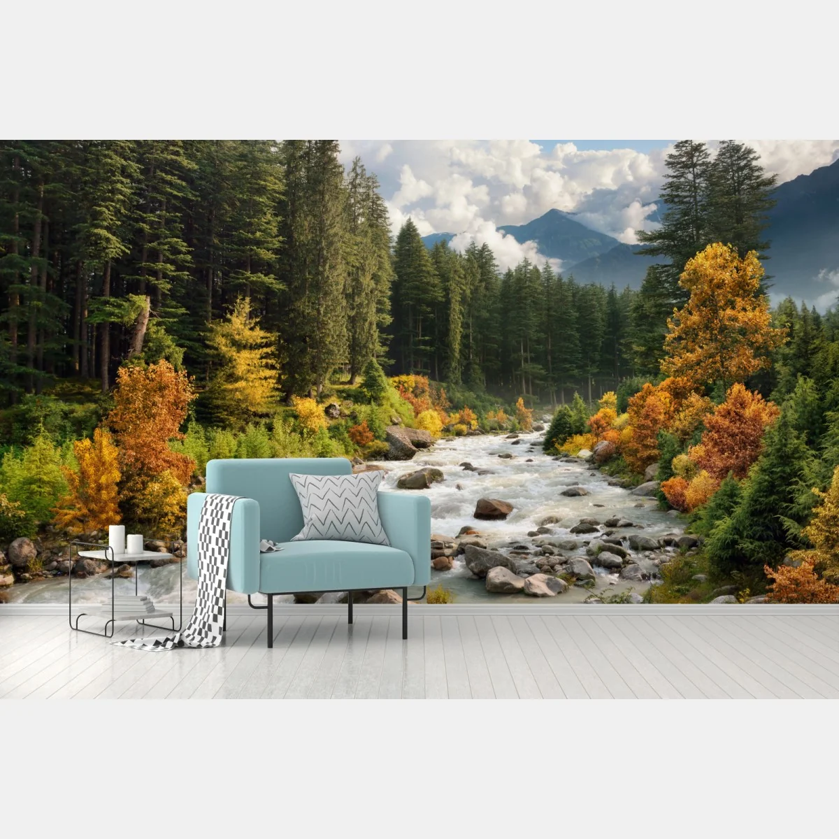 Fototapete herbstliche berglandschaft mit fluss – Wallnifity® Fototapete herbstliche berglandschaft mit fluss – Wallnifity®