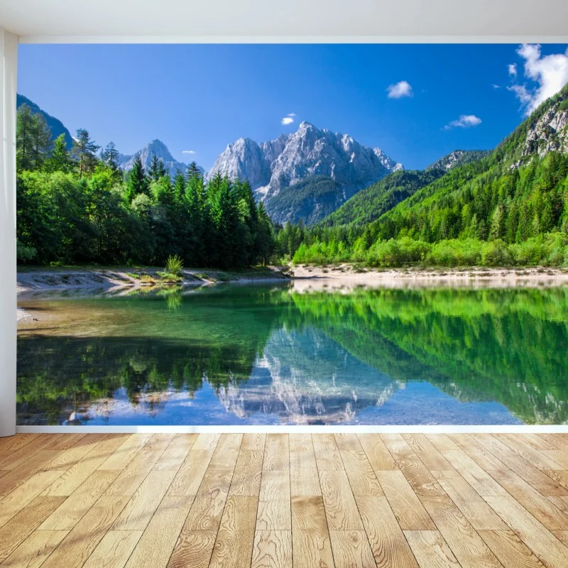 Fototapete alpiner see mit spiegelung in grünen bergen – Wallnifity® Fototapete alpiner see mit spiegelung in grünen bergen – Wallnifity®