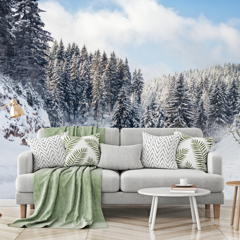 Fototapete winterstraße durch verschneiten nadelwald