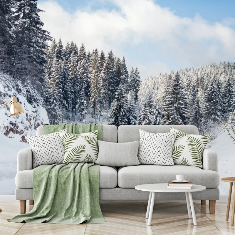 Fototapete winterstraße durch verschneiten nadelwald – Wallnifity® Fototapete winterstraße durch verschneiten nadelwald – Wallnifity®