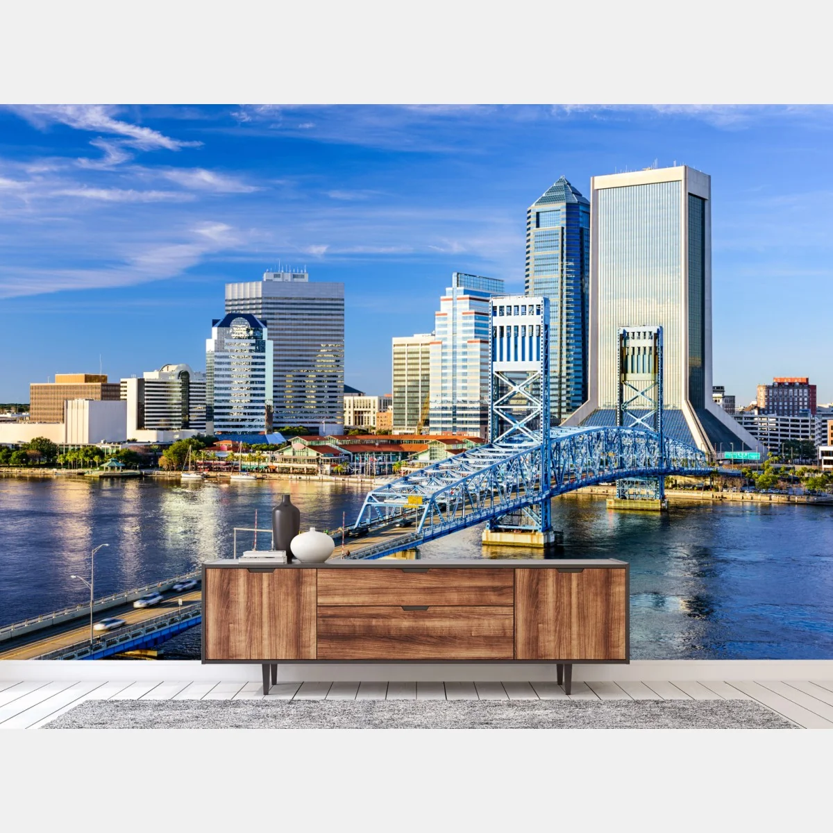 Fototapete Jacksonville skyline mit blauem brücke – Wallnifity® Fototapete Jacksonville skyline mit blauem brücke – Wallnifity®