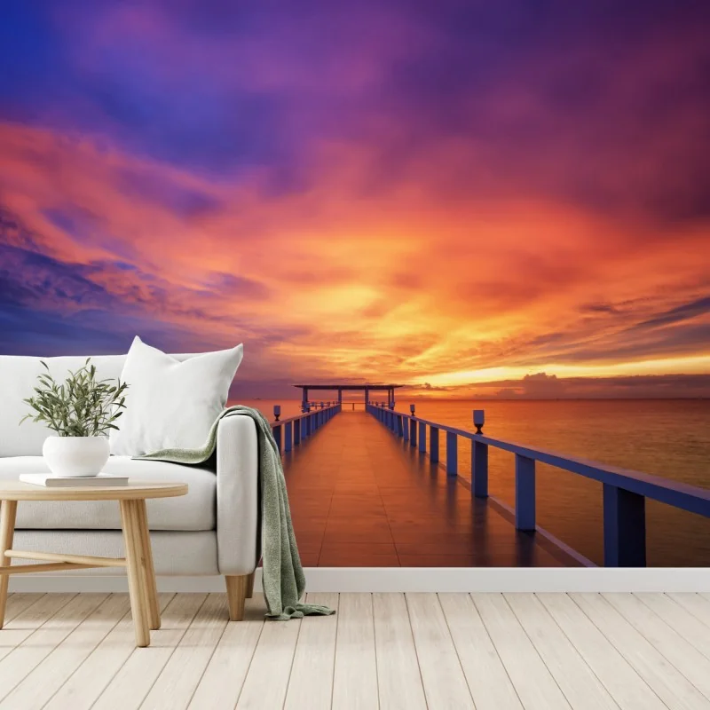 Fototapete sonnenuntergang am steg am strand