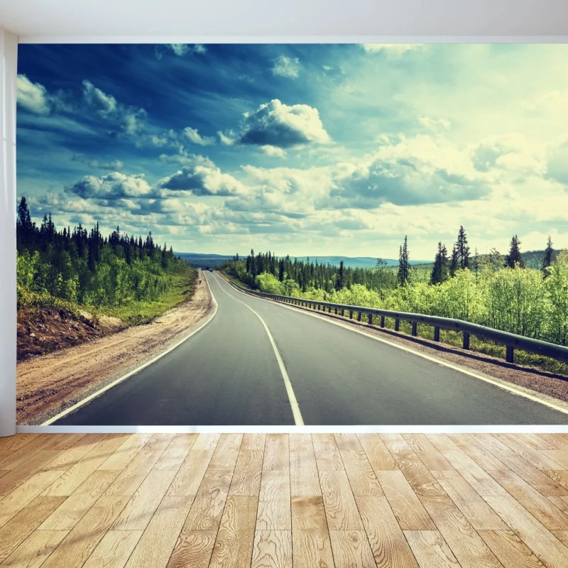 Fototapete sonnenbeschienene waldstraße bis zum horizont – Wallnifity® Fototapete sonnenbeschienene waldstraße bis zum horizont – Wallnifity®