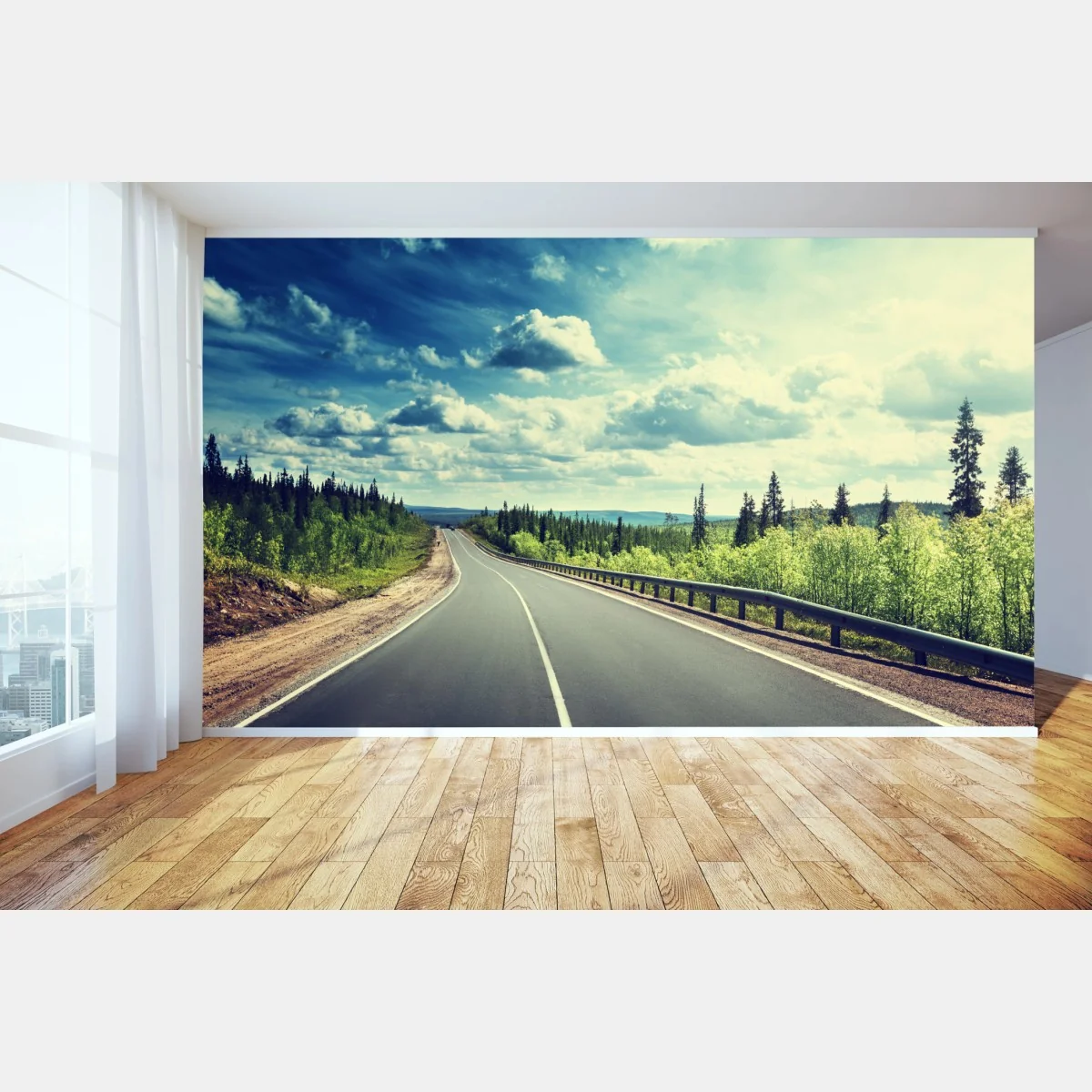 Fototapete sonnenbeschienene waldstraße bis zum horizont – Wallnifity® Fototapete sonnenbeschienene waldstraße bis zum horizont – Wallnifity®