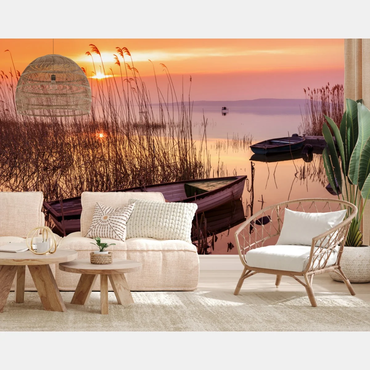 Fototapete sonnenuntergang am see mit vertäuten booten – Wallnifity®