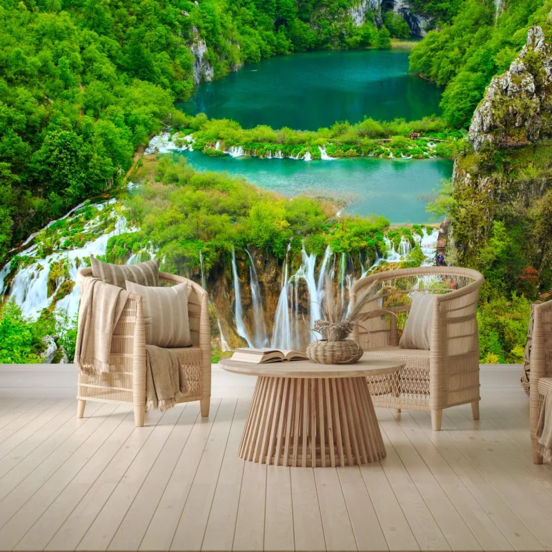 Fototapete üppiger wasserfall und türkise seen