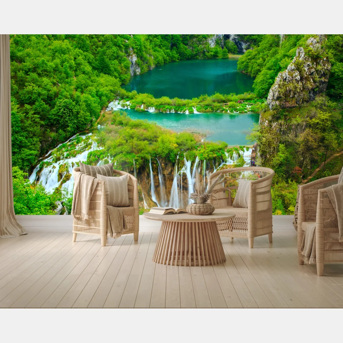 Fototapete üppiger wasserfall und türkise seen – Wallnifity®