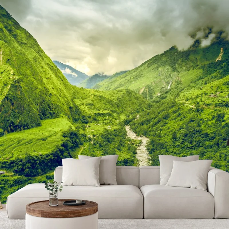 Fototapete üppiges grünes bergtal mit fluss