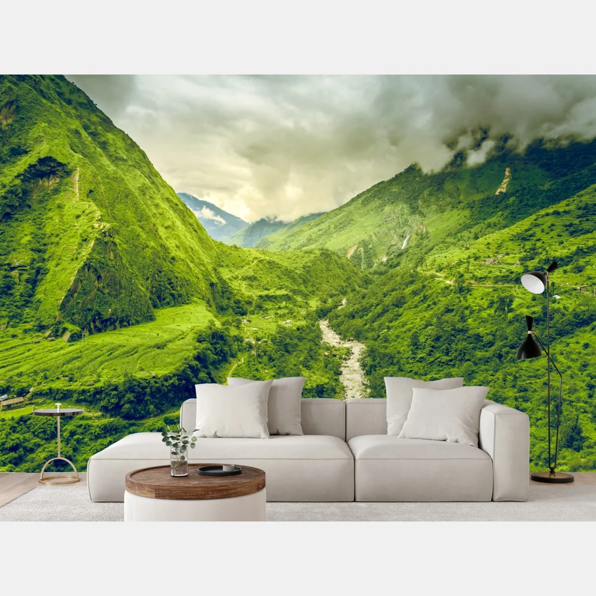 Fototapete üppiges grünes bergtal mit fluss – Wallnifity® Fototapete üppiges grünes bergtal mit fluss – Wallnifity®