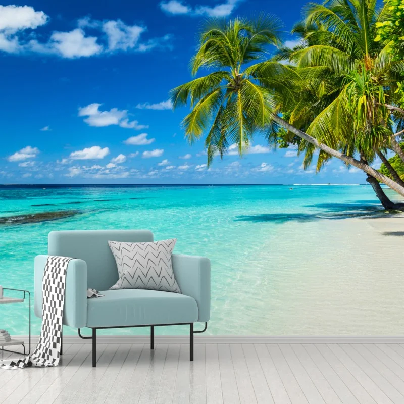 Fototapete tropischer türkisstrand mit geneigten palmen – Wallnifity® Fototapete tropischer türkisstrand mit geneigten palmen – Wallnifity®
