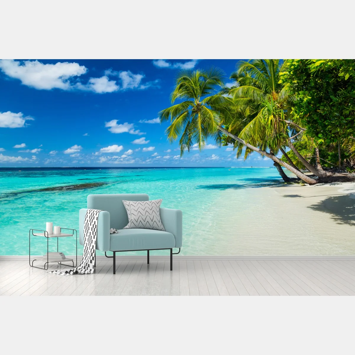 Fototapete tropischer türkisstrand mit geneigten palmen – Wallnifity® Fototapete tropischer türkisstrand mit geneigten palmen – Wallnifity®
