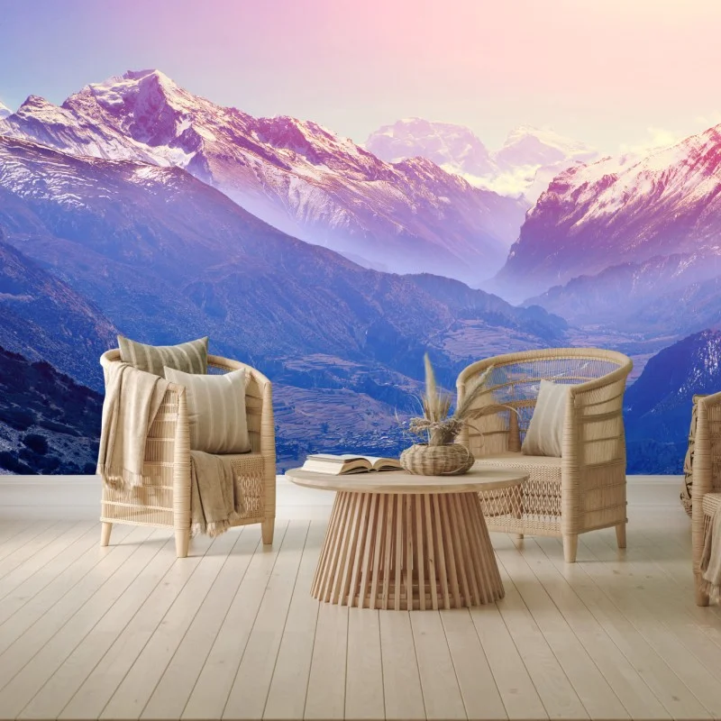 Fototapete pastelliges bergtal bei sonnenaufgang