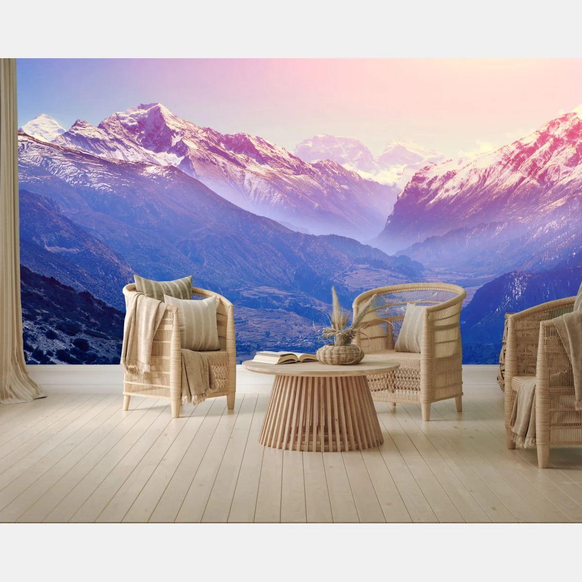 Fototapete pastelliges bergtal bei sonnenaufgang – Wallnifity®