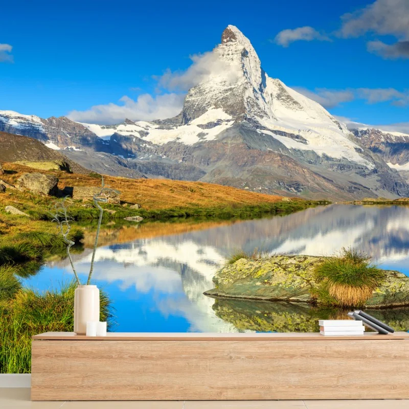 Fototapete majestätischer Matterhorn-spiegel im alpensee – Wallnifity® Fototapete majestätischer Matterhorn-spiegel im alpensee – Wallnifity®