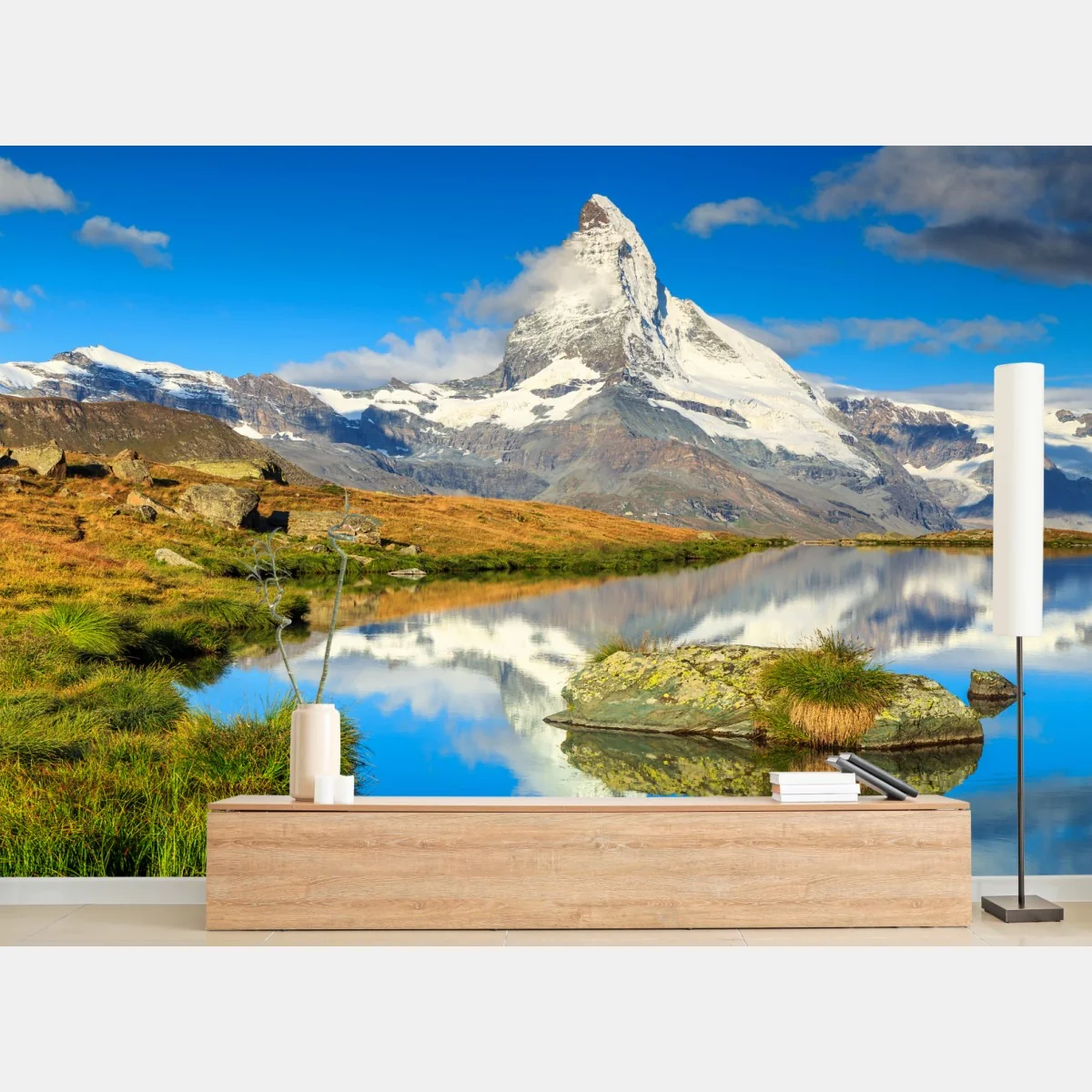 Fototapete majestätischer Matterhorn-spiegel im alpensee – Wallnifity® Fototapete majestätischer Matterhorn-spiegel im alpensee – Wallnifity®
