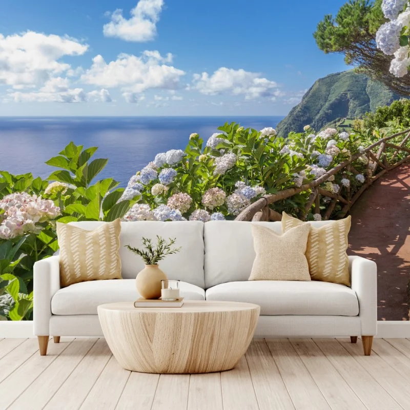 Fototapete küstenweg mit hortensien, São Miguel, Azoren – Wallnifity®