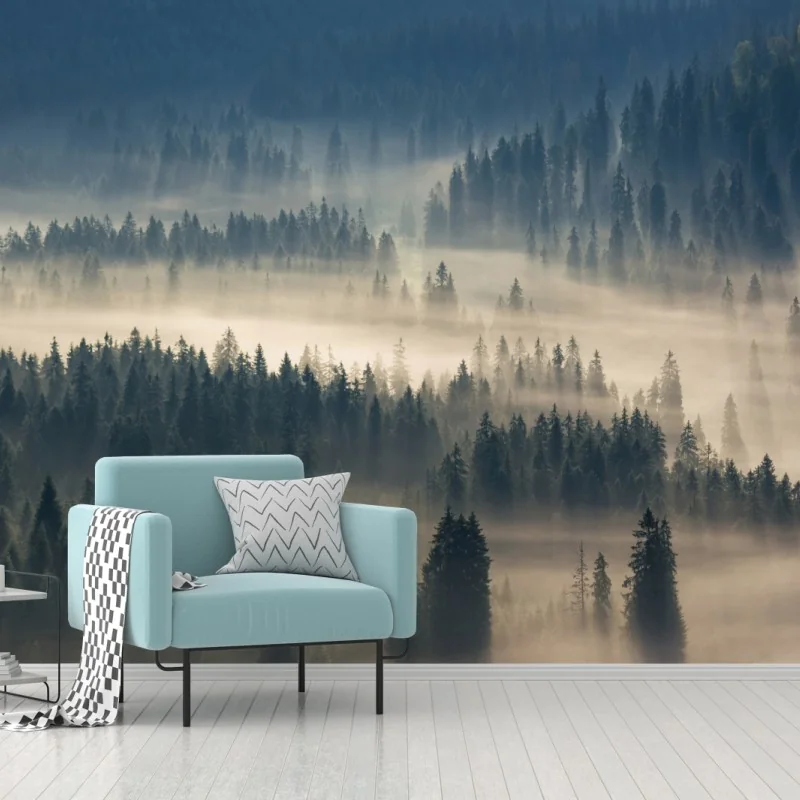 Fototapete nebliger nadelwald im morgengrauen