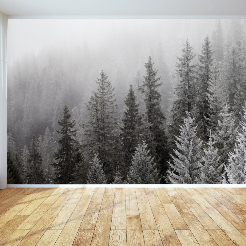 Fototapete nebliger winterwald in den Karpaten