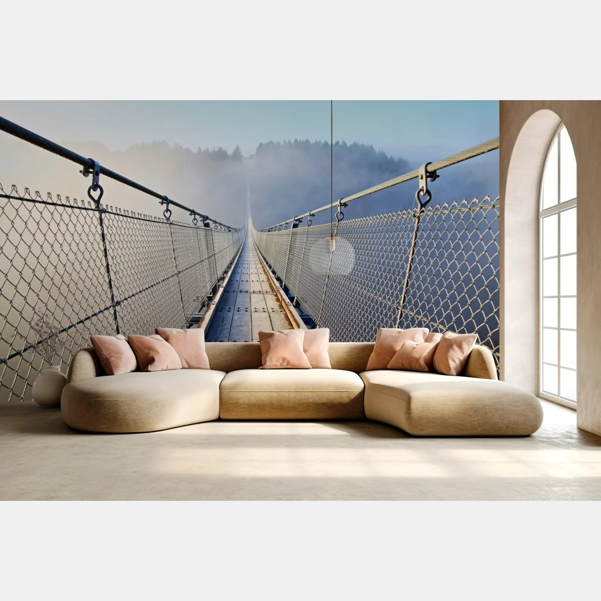 Fototapete neblige hängebrücke, die in den wald führt – Wallnifity® Fototapete neblige hängebrücke, die in den wald führt – Wallnifity®