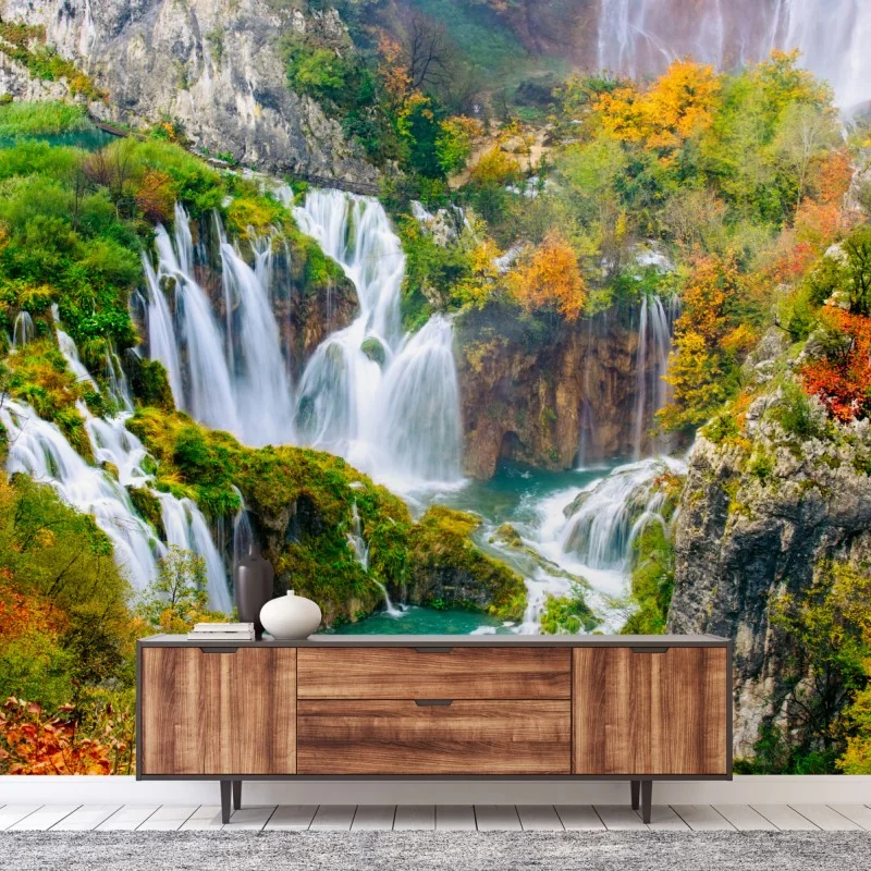 Fototapete türkisfarbener wasserfall im herbst