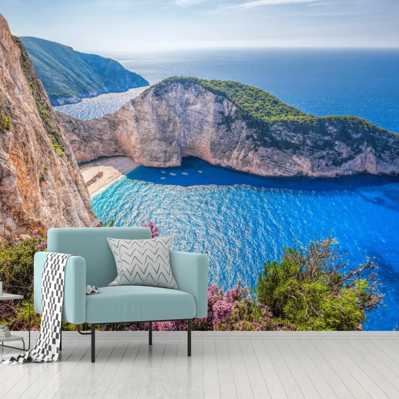 Fototapete Navagio strand sonnenuntergang mit türkisblauem meer und wildblumen – Wallnifity® Fototapete Navagio strand sonnenuntergang mit türkisblauem meer und wildblumen – Wallnifity®