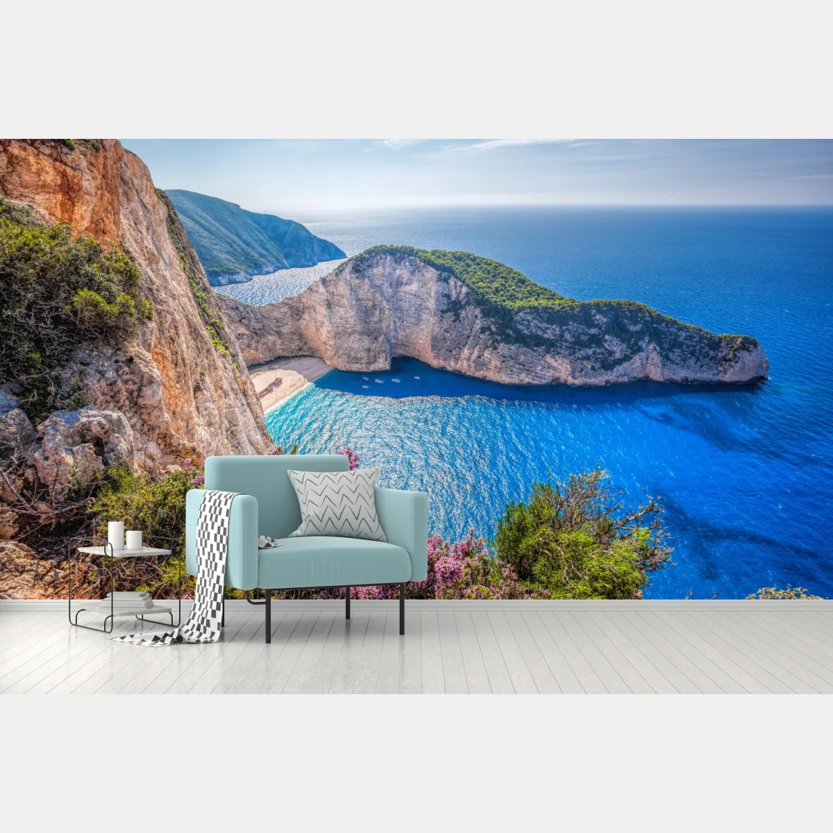 Fototapete Navagio strand sonnenuntergang mit türkisblauem meer und wildblumen – Wallnifity® Fototapete Navagio strand sonnenuntergang mit türkisblauem meer und wildblumen – Wallnifity®