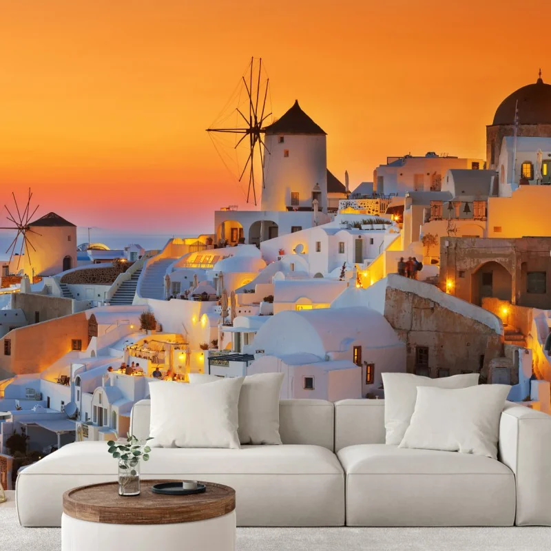 Fototapete goldener sonnenuntergang über Oia, Santorini