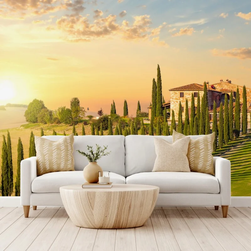 Fototapete Toskana sonnenuntergang zypressenallee – Wallnifity® Fototapete Toskana sonnenuntergang zypressenallee – Wallnifity®