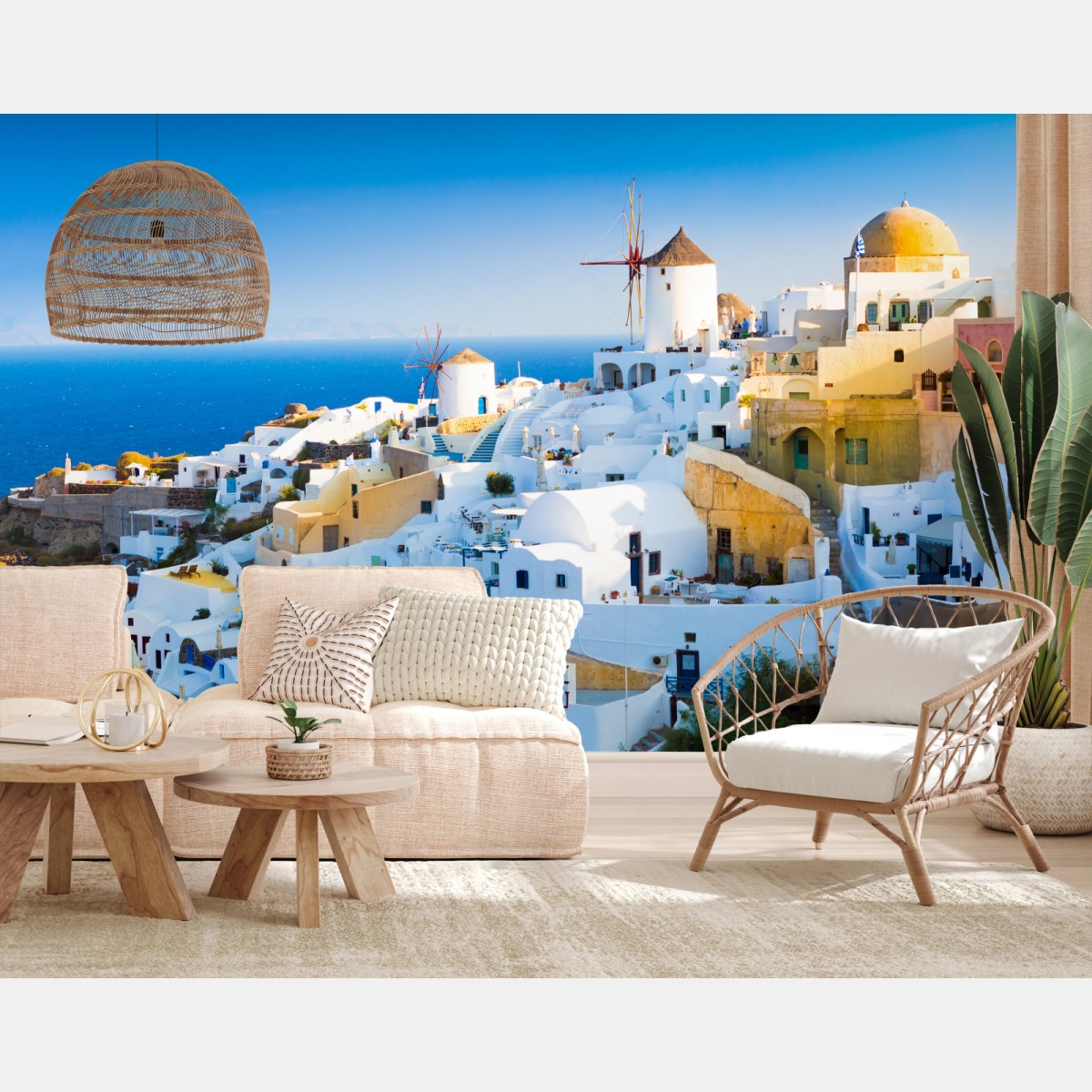 Fototapete sonnenbeschienenes Santorini-dorf am meer – Wallnifity®