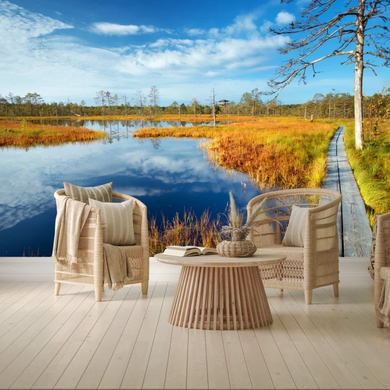 Fototapete herbststeg über ruhigem moor – Wallnifity® Fototapete herbststeg über ruhigem moor – Wallnifity®