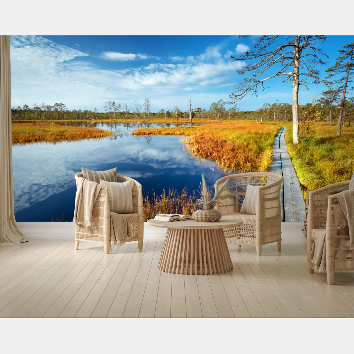 Fototapete herbststeg über ruhigem moor – Wallnifity® Fototapete herbststeg über ruhigem moor – Wallnifity®