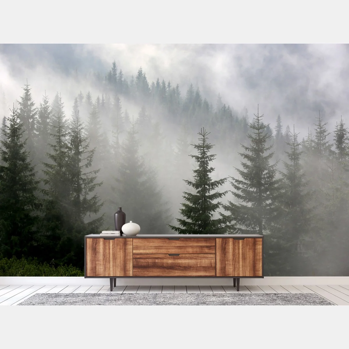 Fototapete nebliger kiefernwald im morgengrauen – Wallnifity®