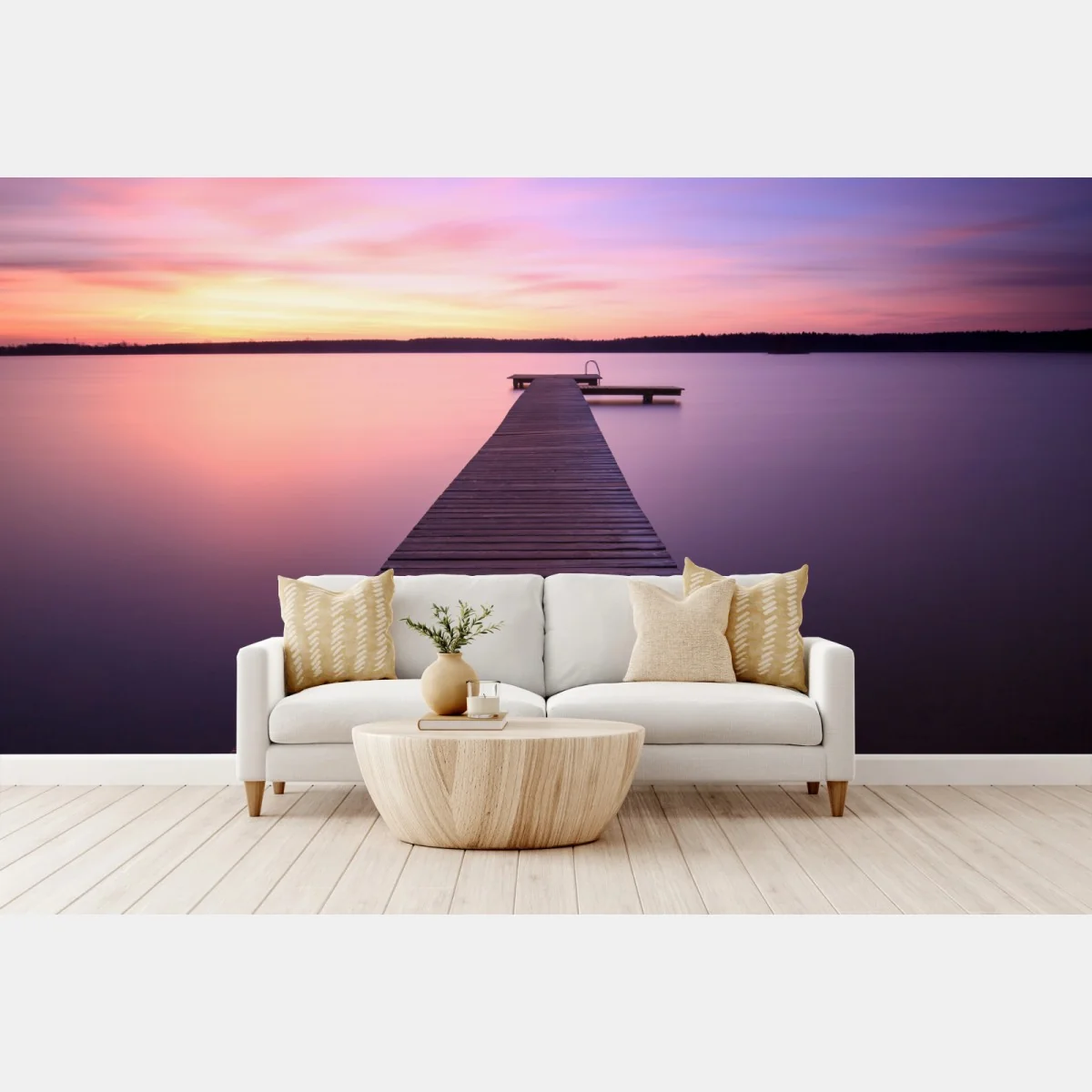 Fototapete ruhiger pastellsonnenuntergang am see mit steg – Wallnifity® Fototapete ruhiger pastellsonnenuntergang am see mit steg – Wallnifity®