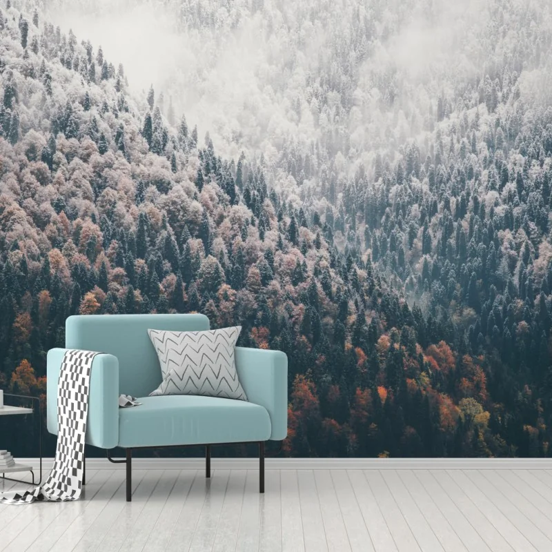 Fototapete nebliger herbstwald am schneebedeckten berg – Wallnifity®