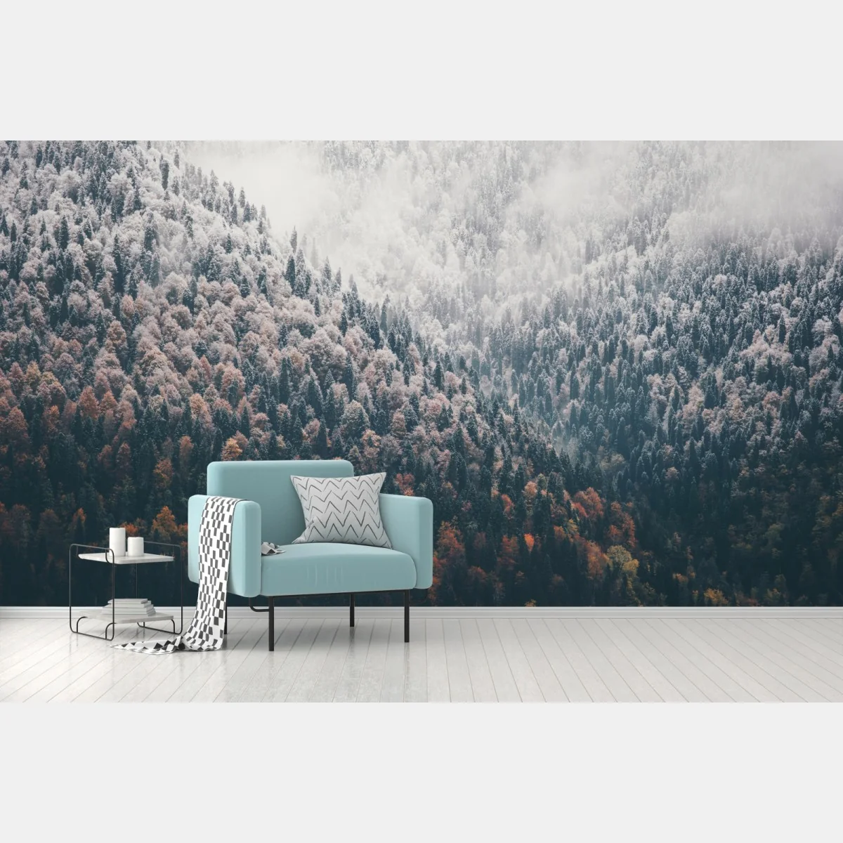 Fototapete nebliger herbstwald am schneebedeckten berg – Wallnifity®