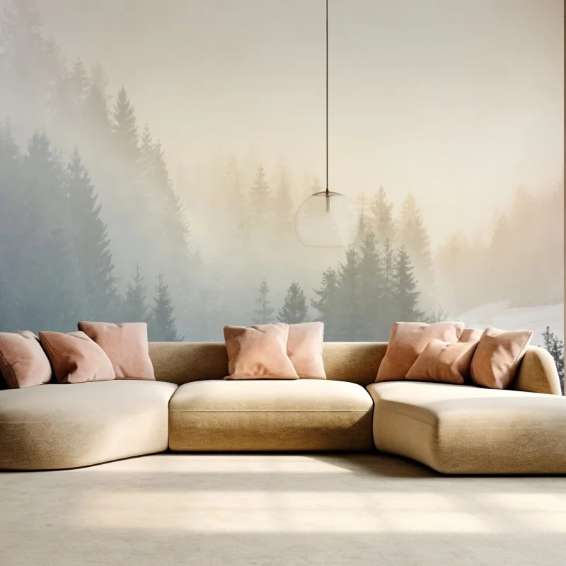 Fototapete nebliger fichtenwald bei sonnenaufgang