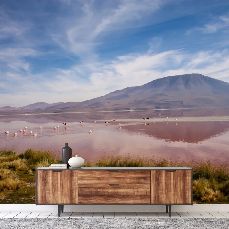 Fototapete rosa lagune mit flamingos und bergspiegelung – Wallnifity® Fototapete rosa lagune mit flamingos und bergspiegelung – Wallnifity®
