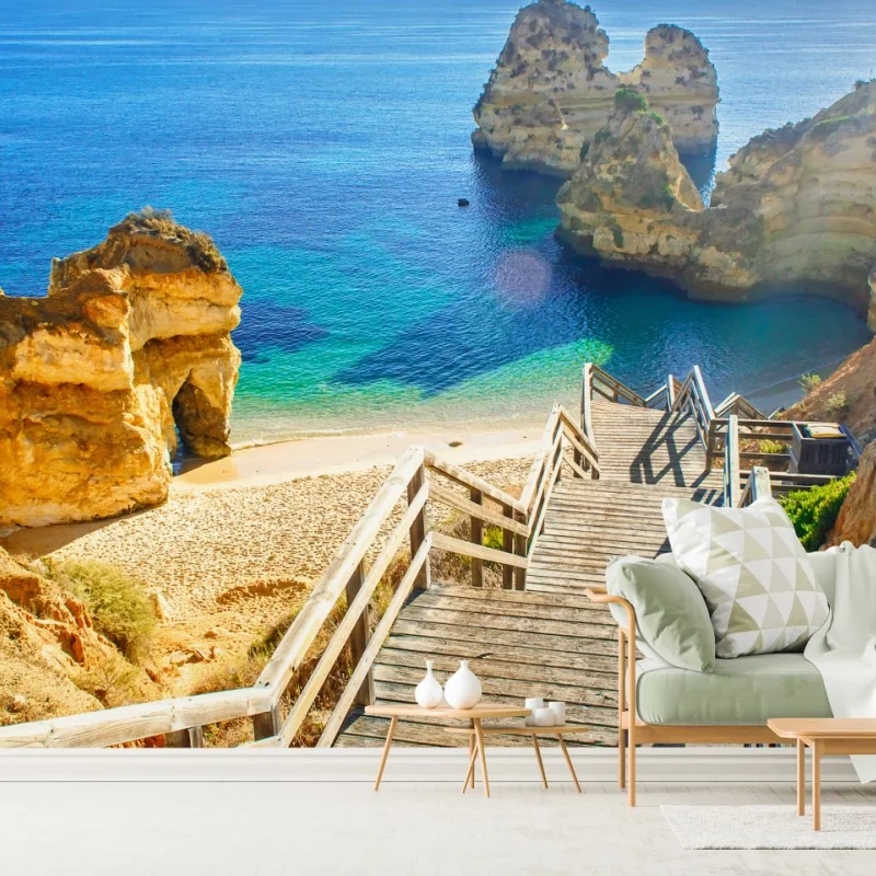 Fototapete sonnige treppe zur türkisfarbenen bucht – Wallnifity® Fototapete sonnige treppe zur türkisfarbenen bucht – Wallnifity®