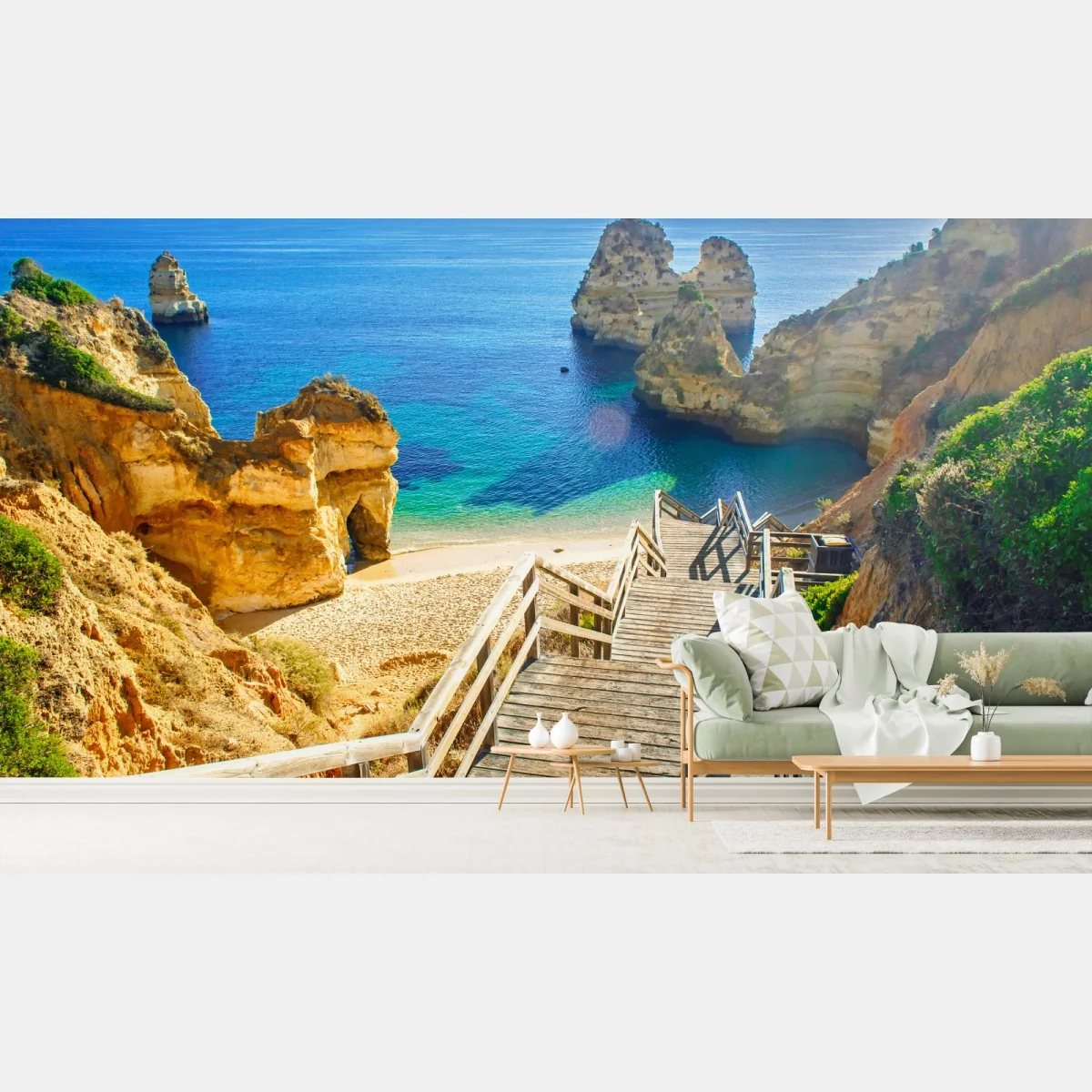 Fototapete sonnige treppe zur türkisfarbenen bucht – Wallnifity® Fototapete sonnige treppe zur türkisfarbenen bucht – Wallnifity®