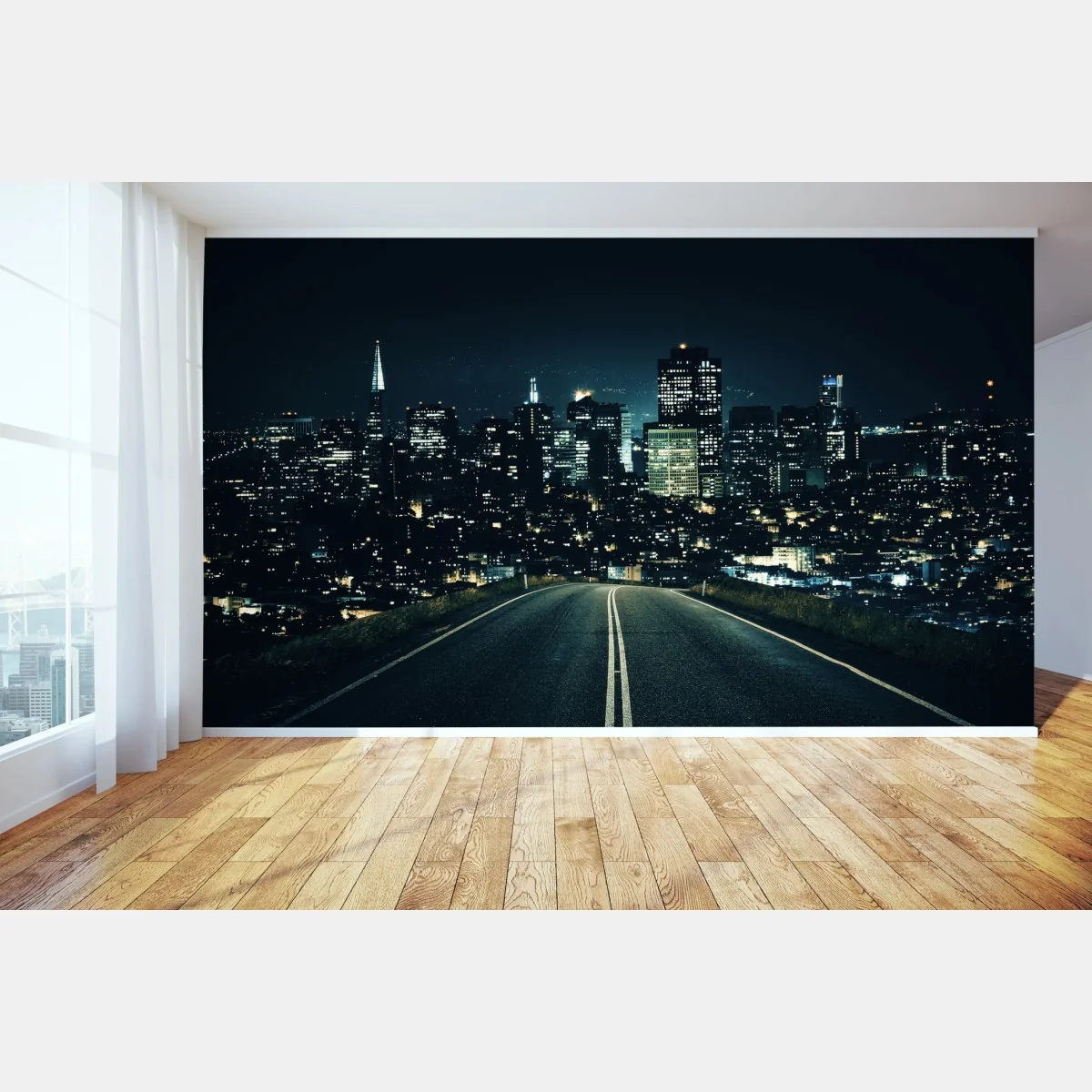 Fototapete straße zur beleuchteten stadtsilhouette bei nacht – Wallnifity® Fototapete straße zur beleuchteten stadtsilhouette bei nacht – Wallnifity®