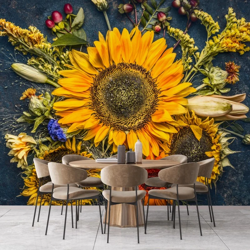 Fototapete herbstlicher sonnenblumenstrauß auf dunklem rustikalem hintergrund