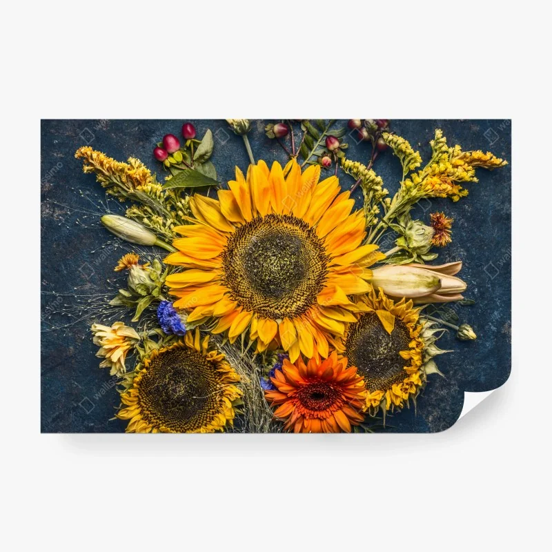 Fototapete herbstlicher sonnenblumenstrauß auf dunklem rustikalem hintergrund