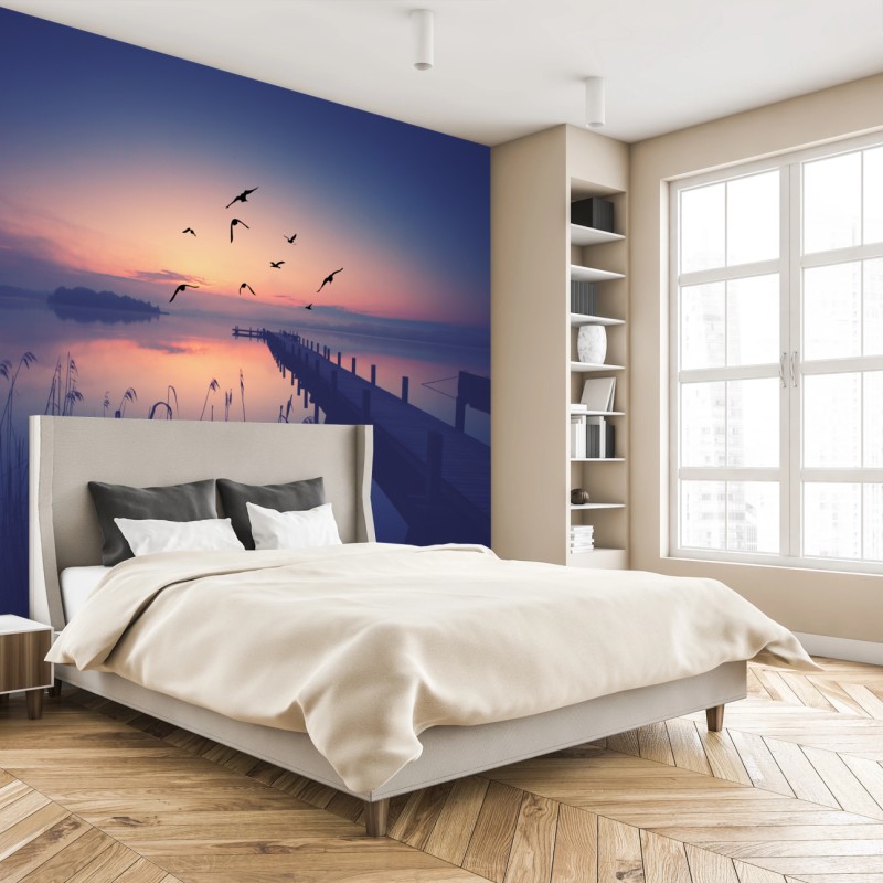 Fototapete ruhiger sonnenaufgang am see mit vögeln