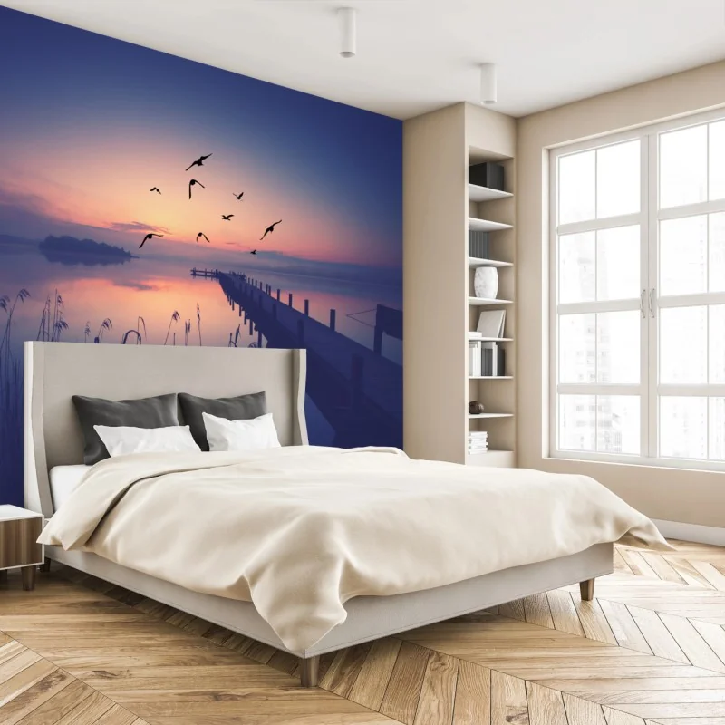 Fototapete ruhiger sonnenaufgang am see mit vögeln – Wallnifity® Fototapete ruhiger sonnenaufgang am see mit vögeln – Wallnifity®