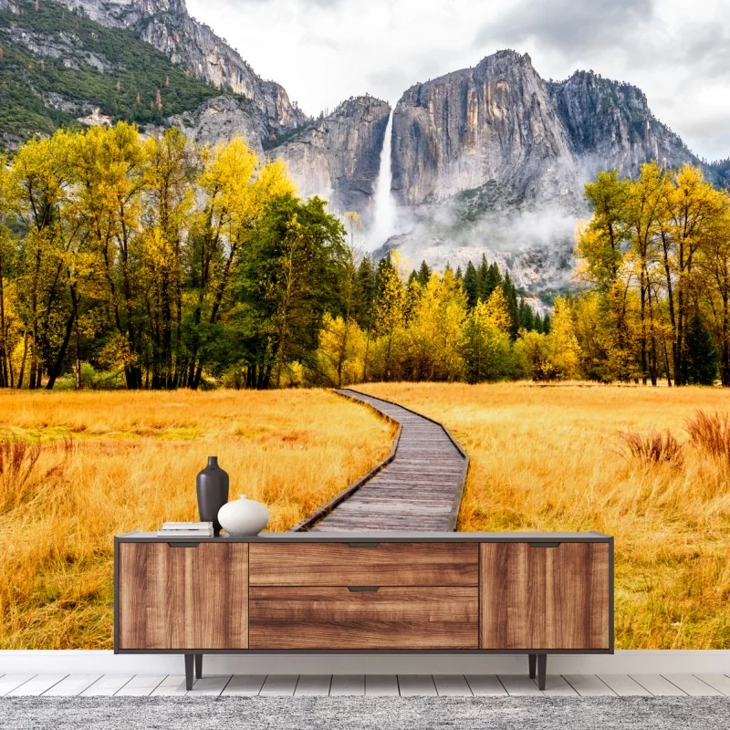 Fototapete herbstlicher steg zum wasserfall