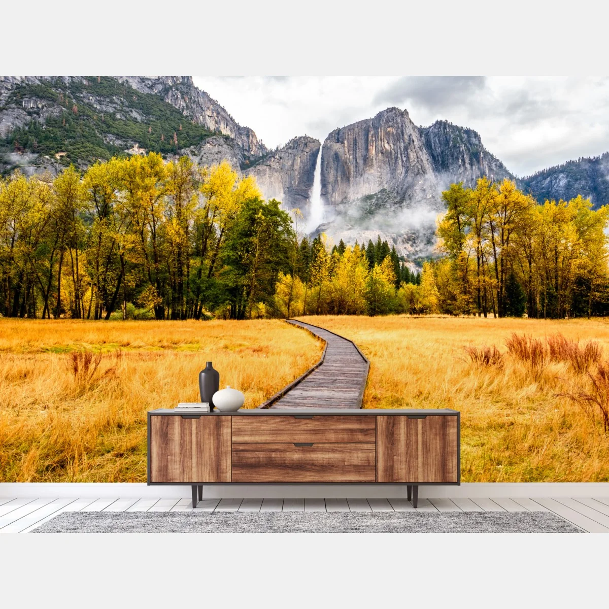 Fototapete herbstlicher steg zum wasserfall – Wallnifity®