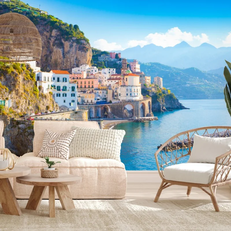 Fototapete sonniges dorf am kliff Amalfiküste