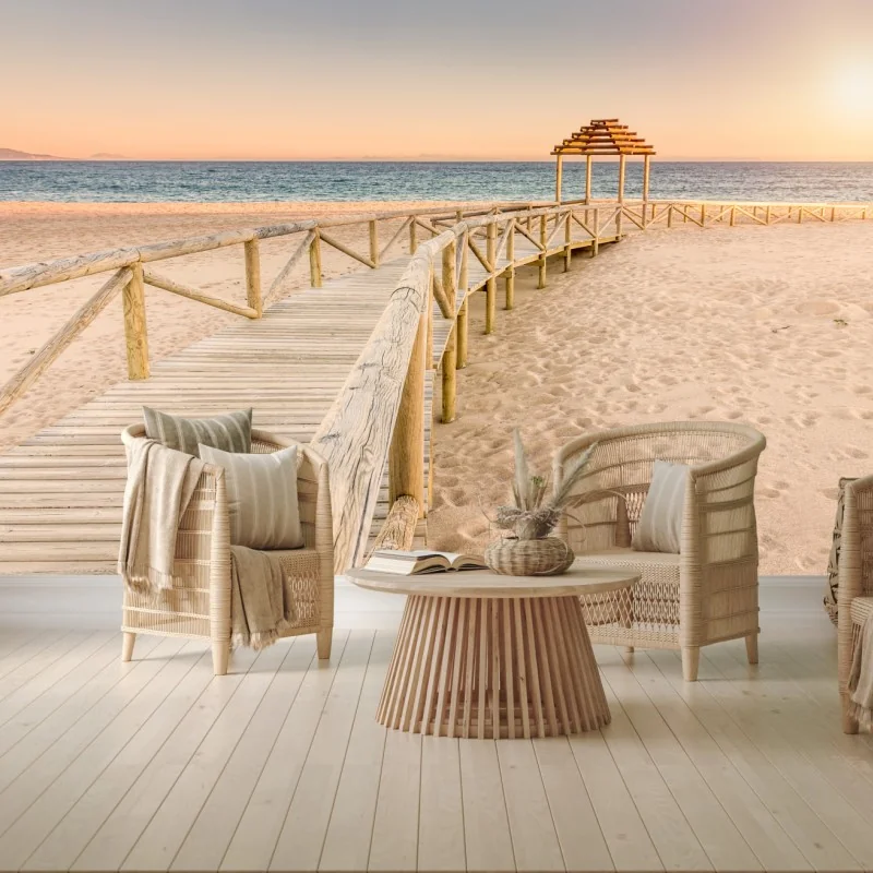 Fototapete hölzerner steg zum strand von Trafalgar bei sonnenuntergang